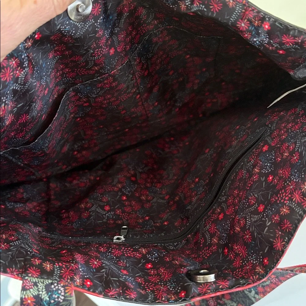 Matilda Jane Waxed Cotton Dark Gray/Black and Pink Floral Shoulder Snap Top Tote